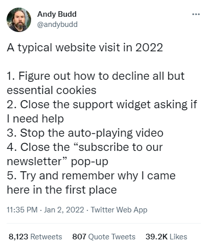 andy budd tweet about website visits in 2022