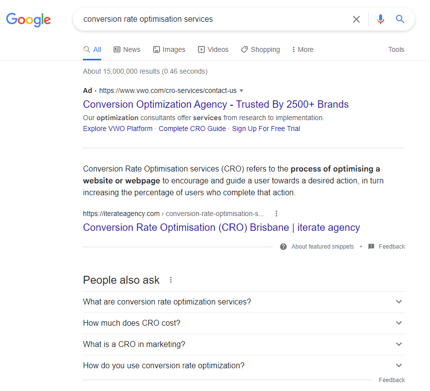 cro search term featured snippet